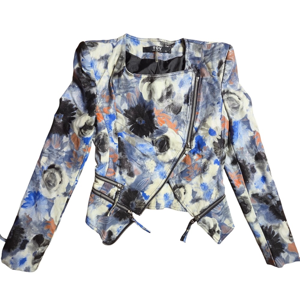 TOV Los Angeles Floral Moto Jacket Vegan Leather 38 Asymmetrical Zip Edgy Grunge
